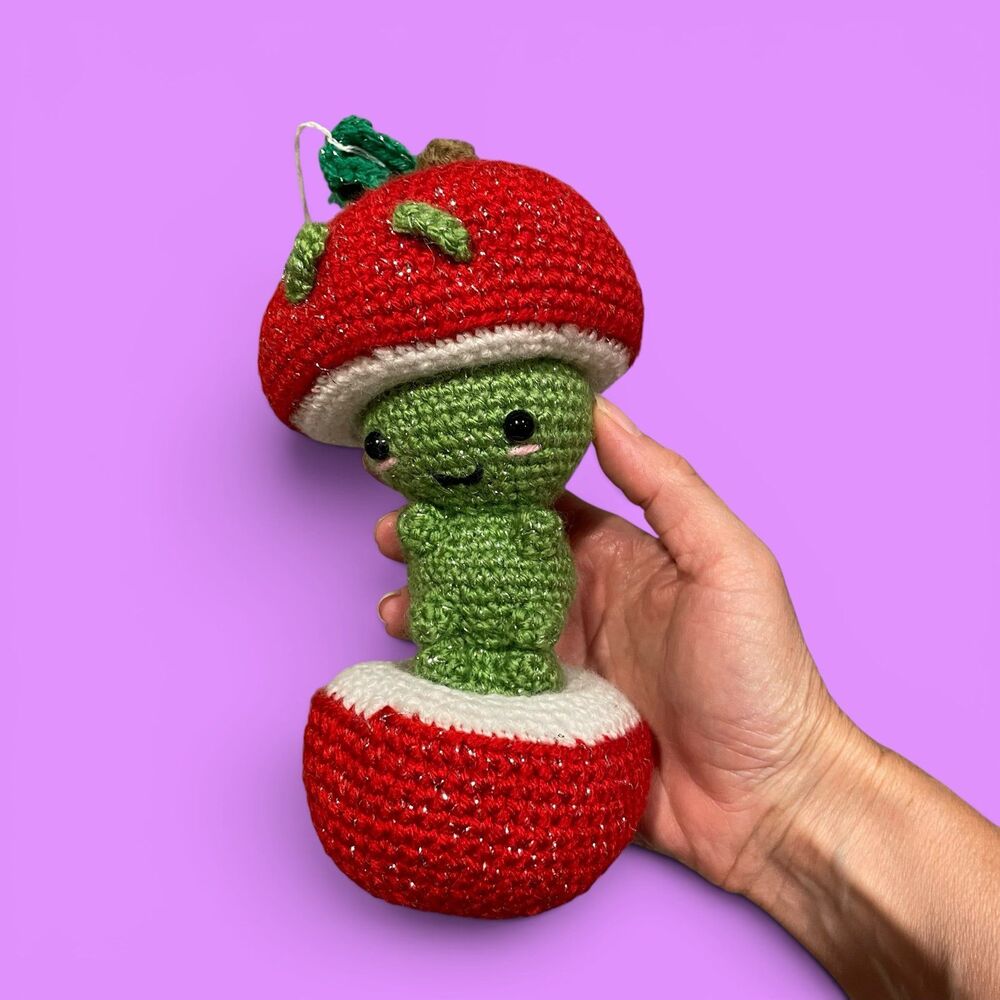 Cute crochet friend worm in apple cottagecore wall hanging handmade